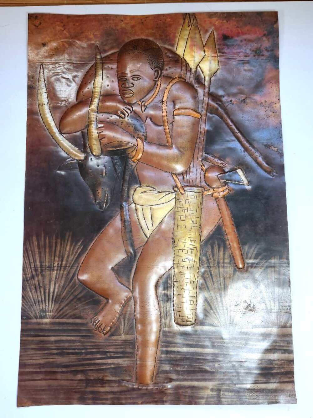 Vintage African Copper Relief Wall Art Hammered Repousse Hunter Warrior 17.75 in